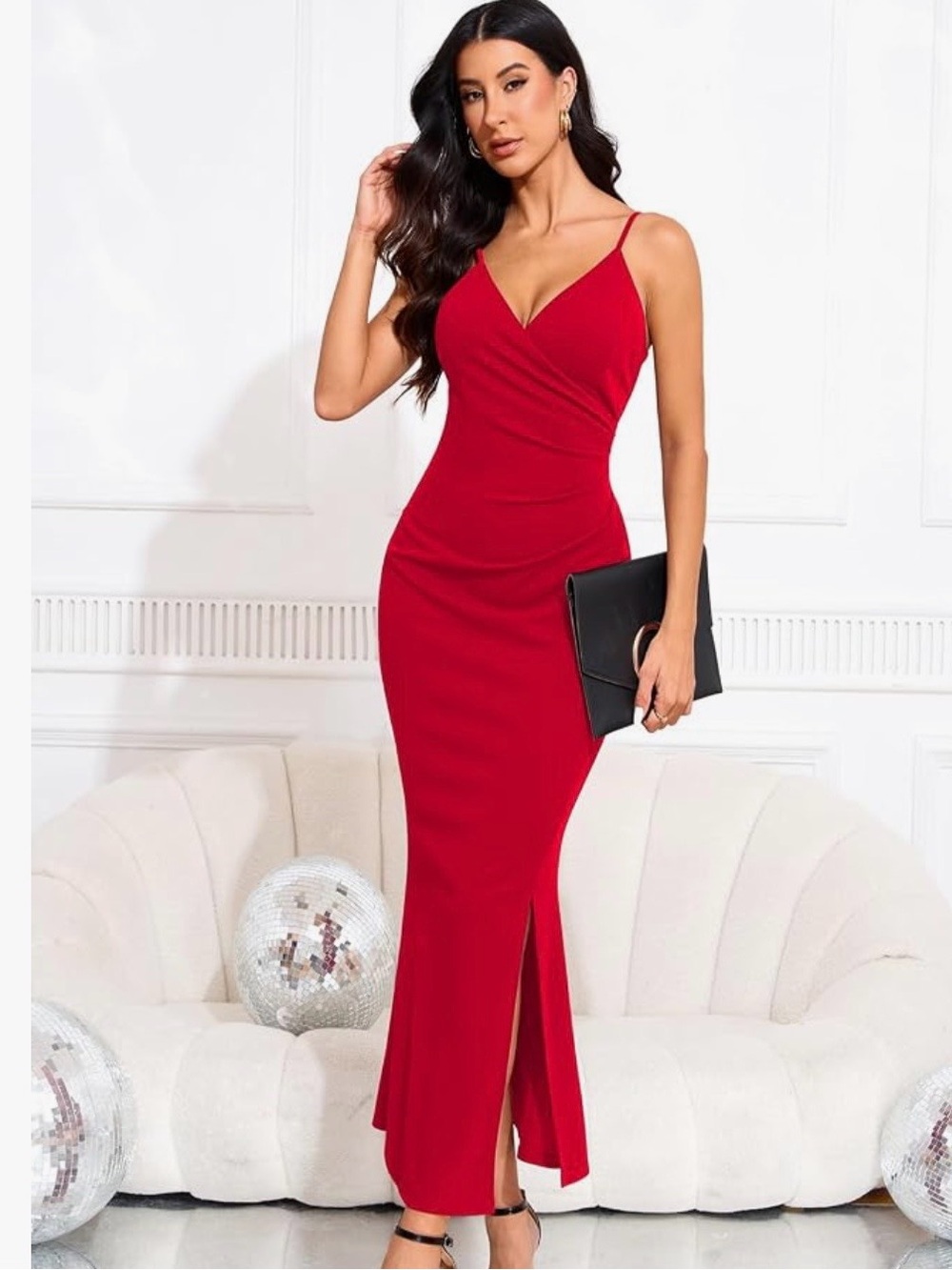 Red Spaghetti Strap VNeck Wrap Bodycon Maxi Mermaid Slit Dress